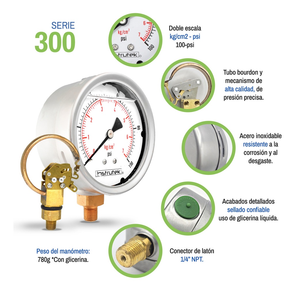 Manómetro Inox Glicerina 4 PLG, 100 Psi (aire, Agua)