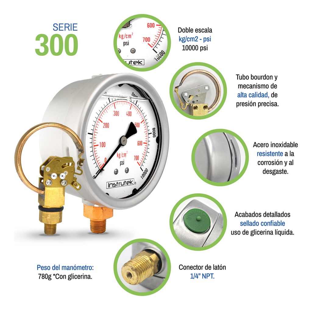 Manómetro Inox Alta Presión Glicerina 4 PLG, 10000 Psi