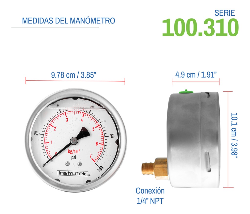 Manómetro Inox Glicerina 4 PLG, 100 Psi (aire, Agua)
