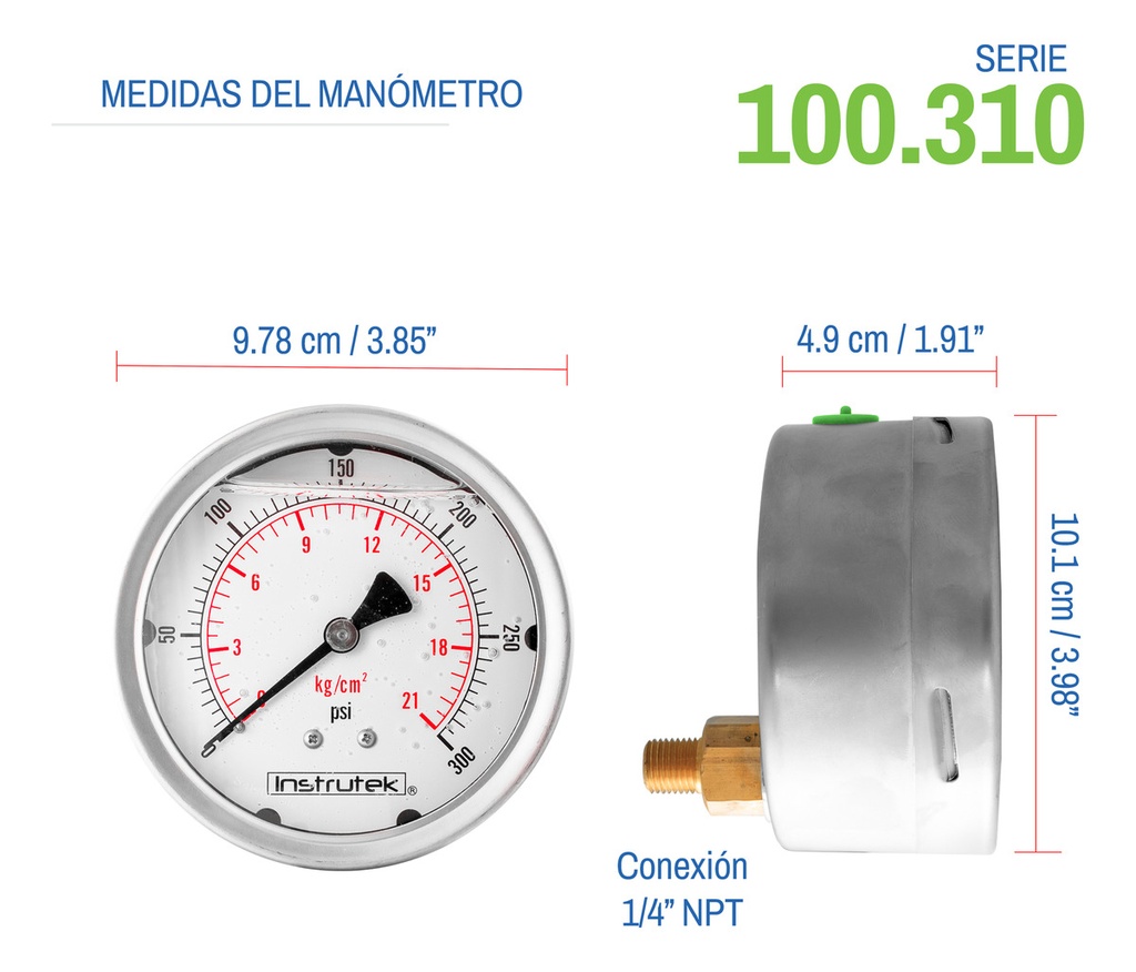 Manómetro Inox Glicerina 4 PLG, 300 Psi (aire, Agua)