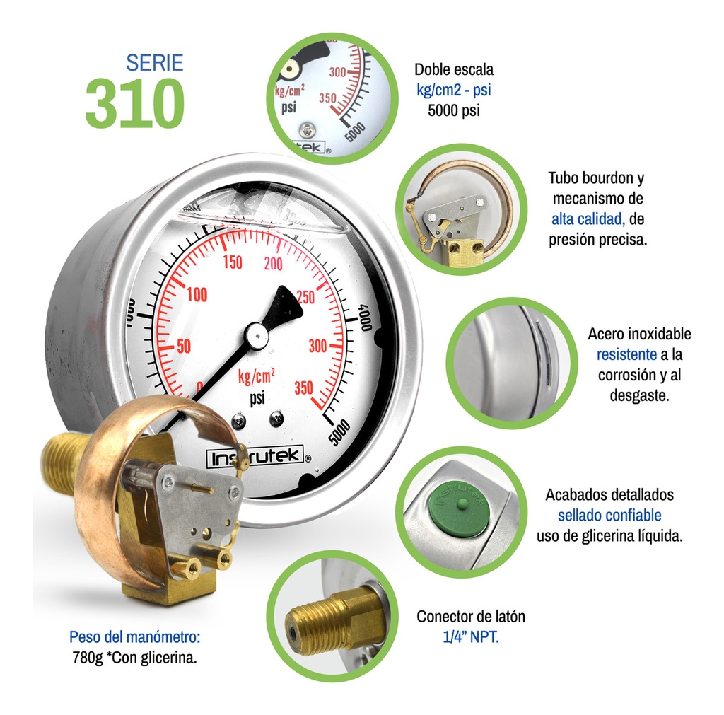 Manómetro Inox Alta Presión Glicerina 4 PLG, 5000 Psi