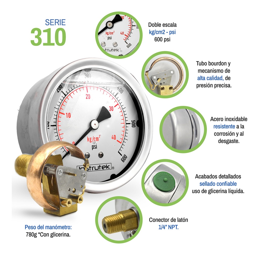 Manómetro Inox Glicerina 4 PLG, 600 Psi (aire, Agua)