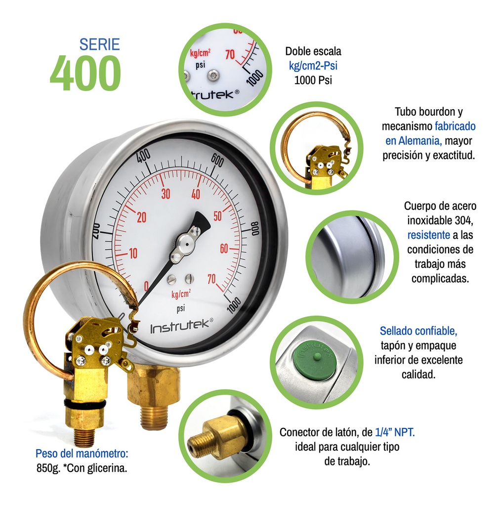 Manómetro Premium Alta Presión Glicerina 4 PLG, 1000 Psi