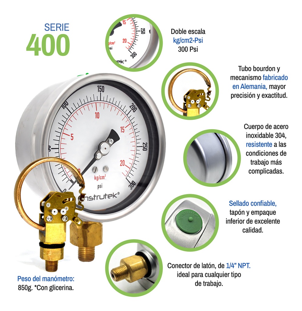 Manómetro Premium Inox Glicerina Carátula 4 PLG , 300 Psi