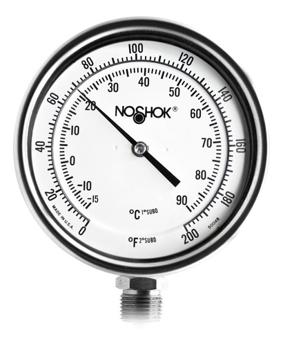 Termómetro 5 pulgadas, acero inoxidable, inferior, 1/2" NPT, con tornillo recalibrador y sello hermético, vástago 15", rango 0 a 200 F-C