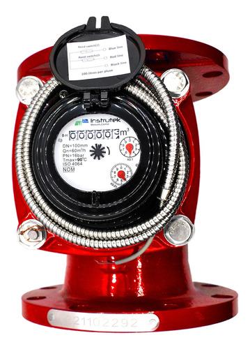 Medidor de agua caliente tipo turbina, cuerpo de hierro fundido con registro hermético y transmisión magnética. Extremos en 4", bridas ANSI.