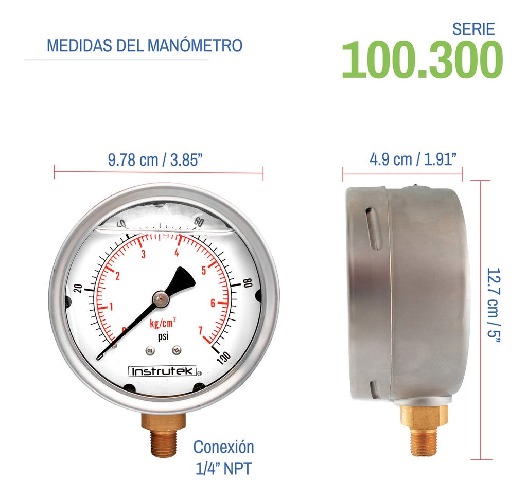Manómetro Inox Glicerina 4 PLG, 100 Psi (aire, Agua)
