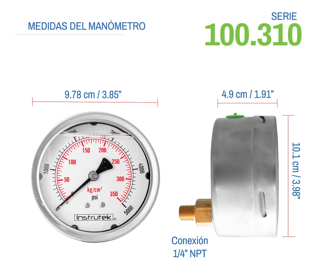 Manómetro Inox Alta Presión Glicerina 4 PLG, 5000 Psi