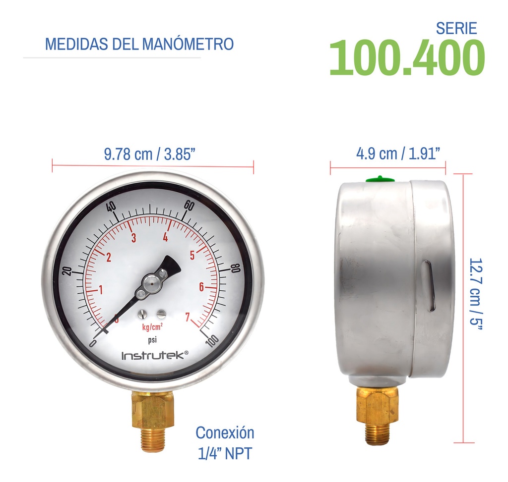 Manómetro Premium Inox Glicerina Carátula 4 PLG , 100 Psi