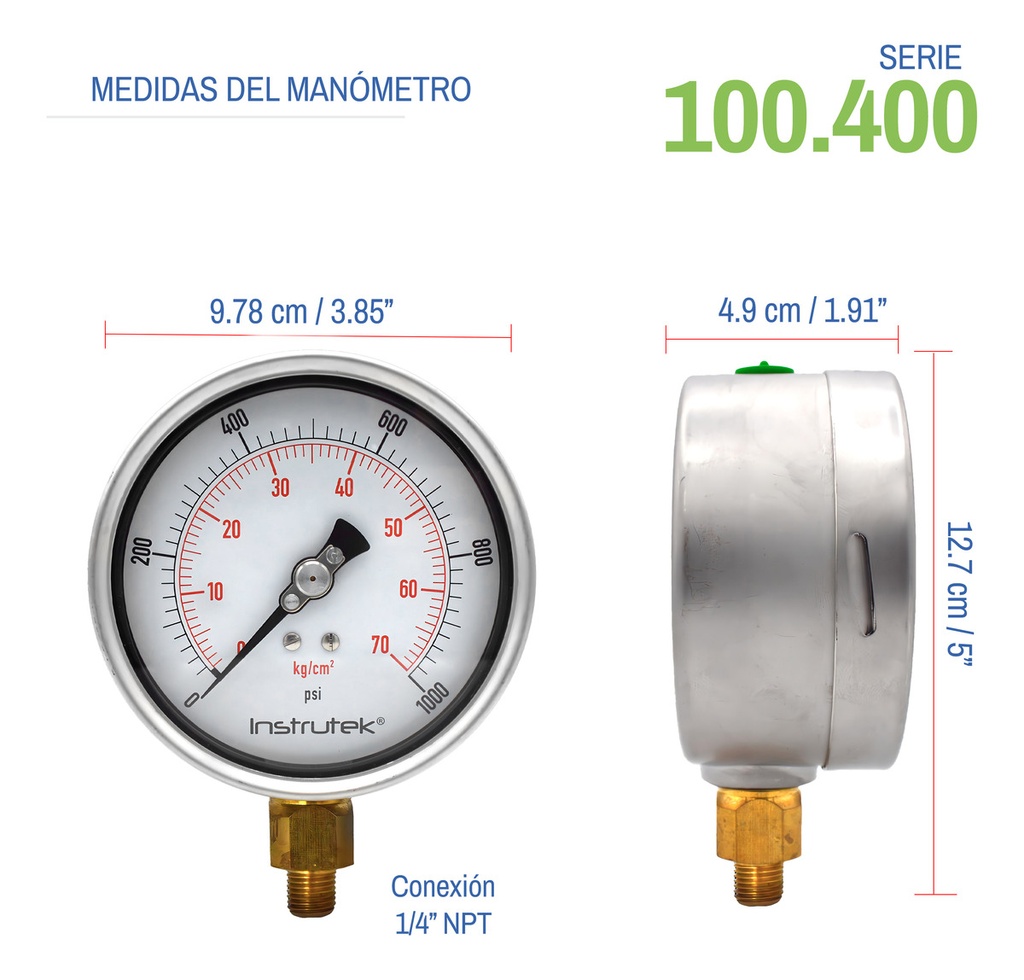 Manómetro Premium Alta Presión Glicerina 4 PLG, 1000 Psi