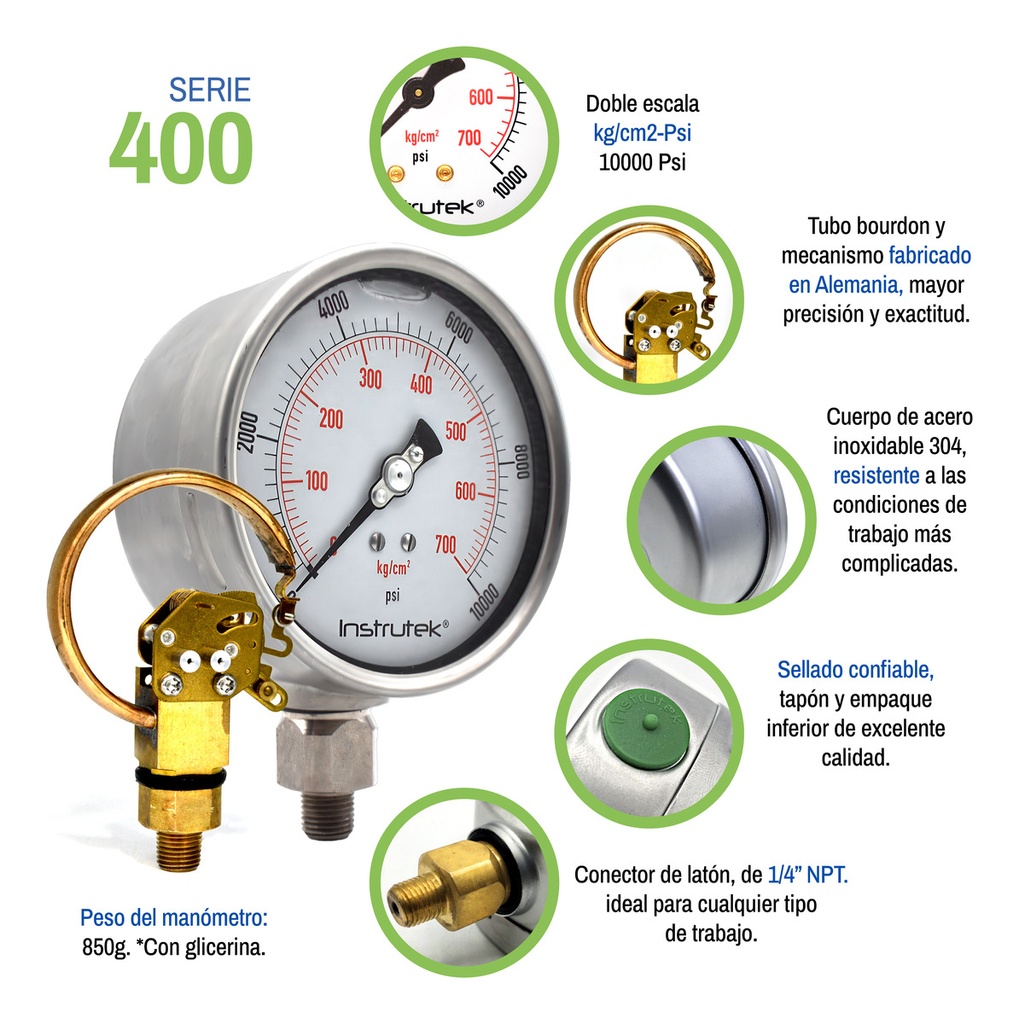 Manómetro Premium Inox Glicerina Carátula 4 PLG, 10000 Psi