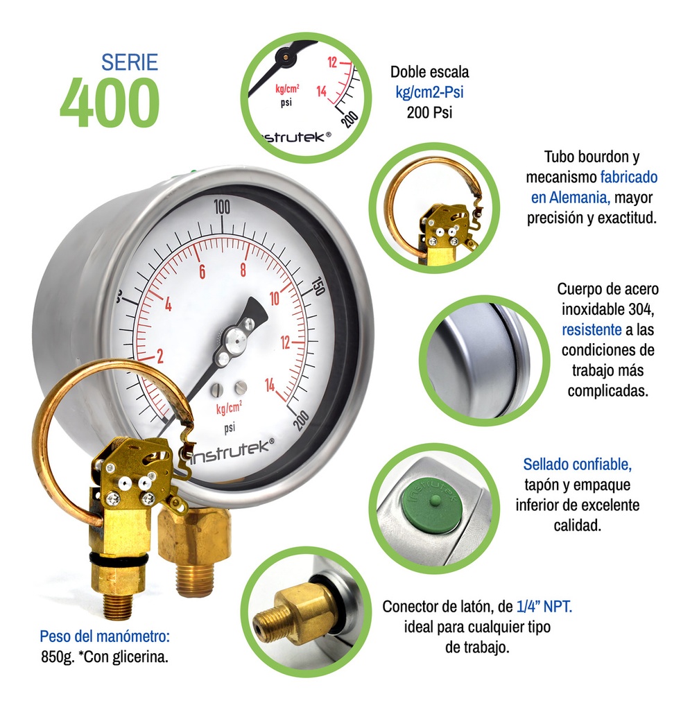 Manómetro Premium Inox Glicerina Carátula 4 PLG , 200 Psi