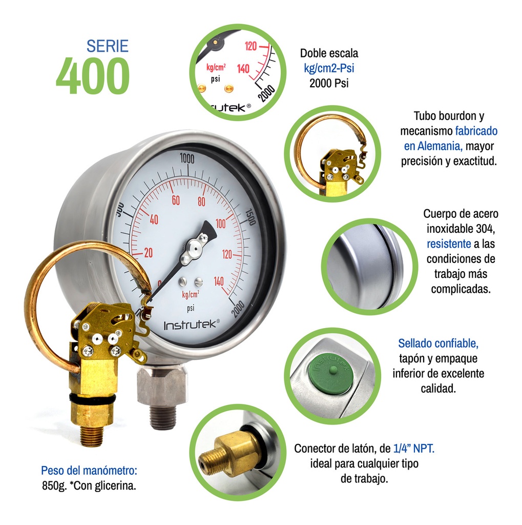 Manómetro Premium Inox Glicerina Carátula 4 PLG, 2000 Psi