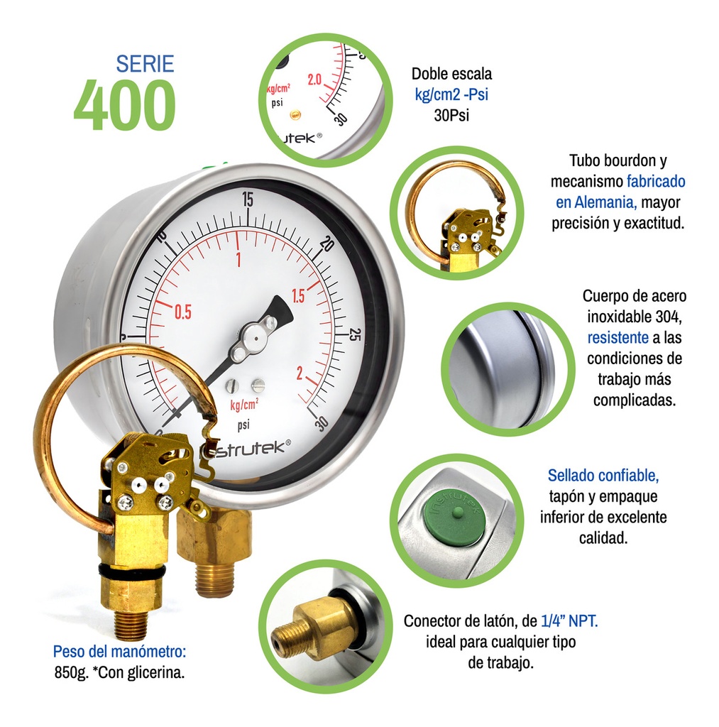 Manómetro Premium Inox Glicerina Carátula 4 PLG , 30 Psi