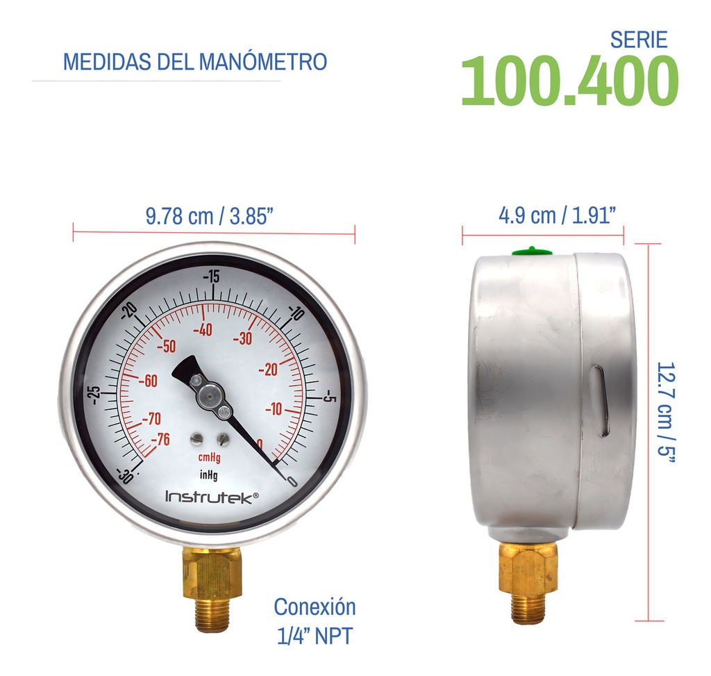 Vacuómetro Premium Glicerina 4 PLG, -30 Inhg (eq. Vacío)
