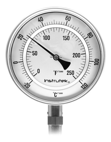 Termómetro 6 pulgadas, inferior, 1/2" NPT, vástago 9", rango -20 a 120 C-F