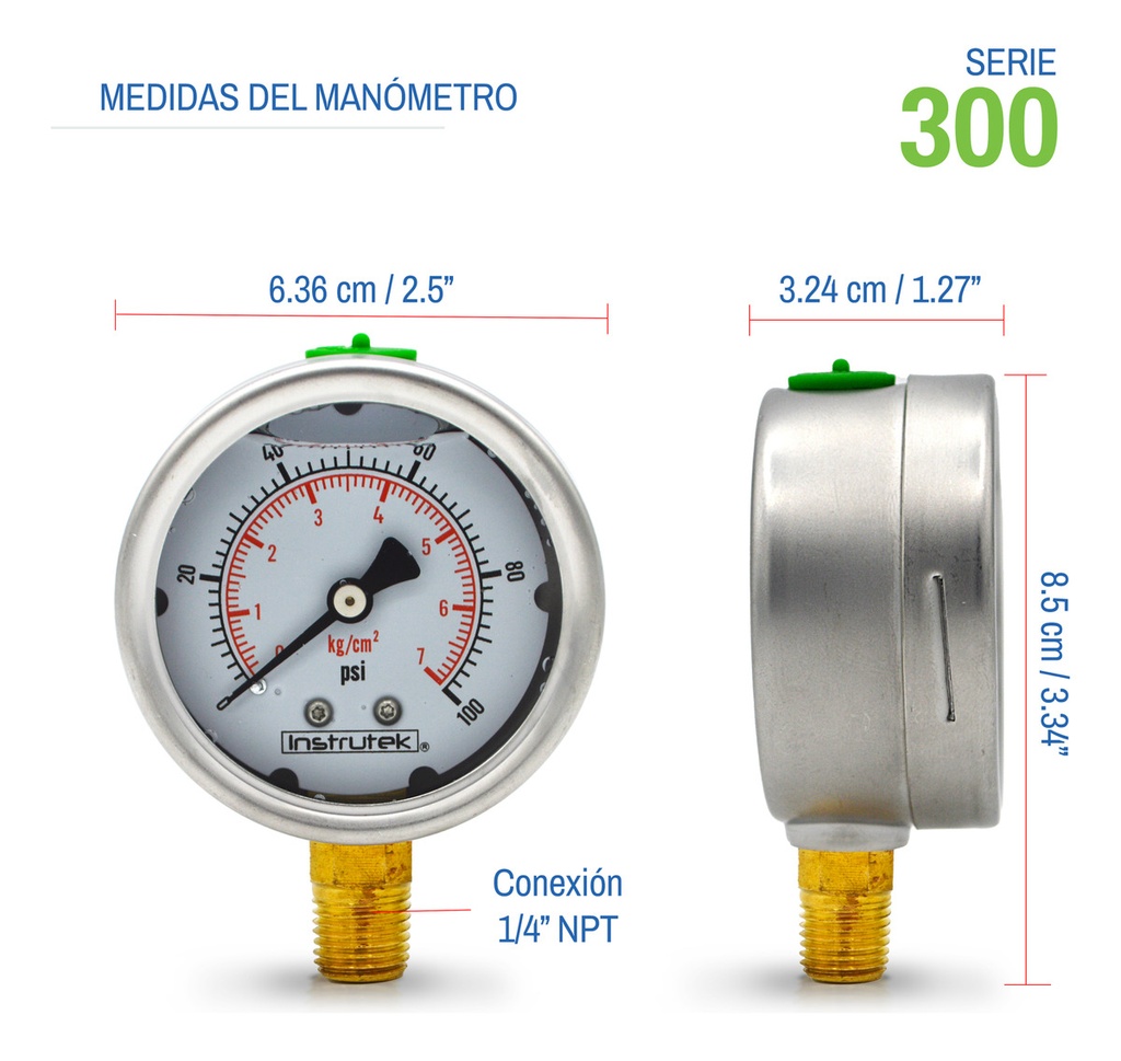 Manómetro Inox Glicerina 2.5 PLG , 100 Psi (aire, Agua)