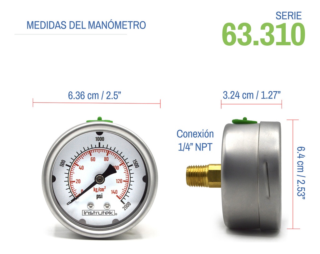 Manómetro Inox Alta Presión Glicerina 2.5 PLG, 2000 Psi