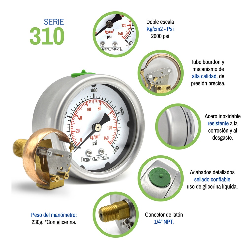 Manómetro Inox Alta Presión Glicerina 2.5 PLG, 2000 Psi