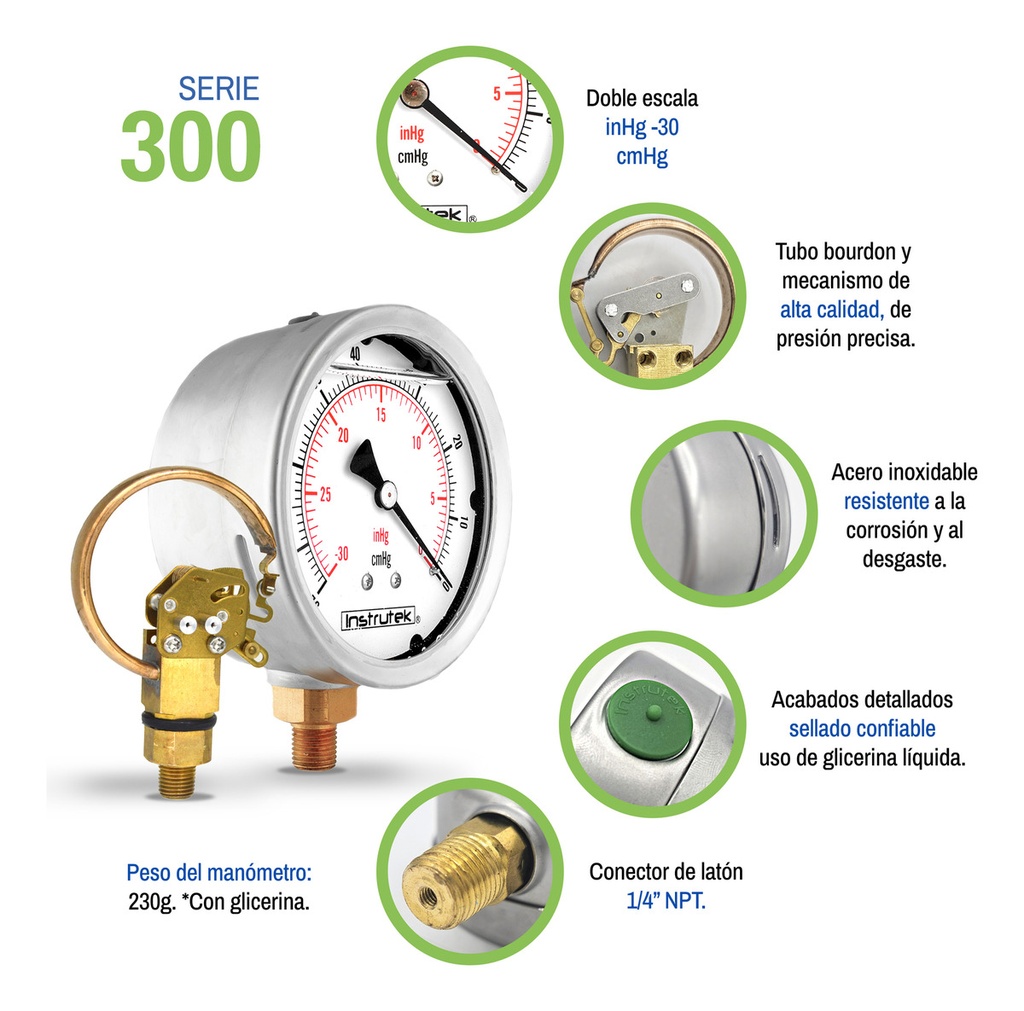 Vacuómetro Glicerina 4 PLG  -30 Inhg (eq. Ordeña Y Vacío)