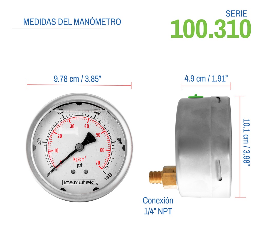 Manómetro Inox Alta Presión Glicerina 4 PLG, 1000 Psi