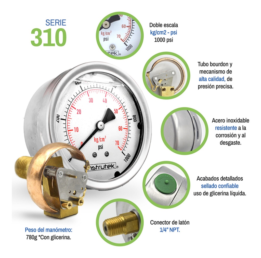 Manómetro Inox Alta Presión Glicerina 4 PLG, 1000 Psi