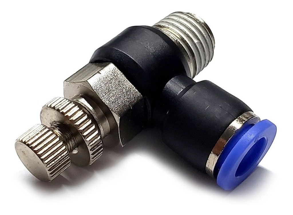 Conector /regulador De Caudal Neumático Codo 1/4 Npt X 8 Mm 