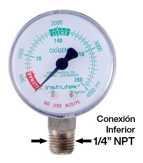 Manómetro Oxígeno Medicinal 2 PLG Alta Presión 4000 Psi