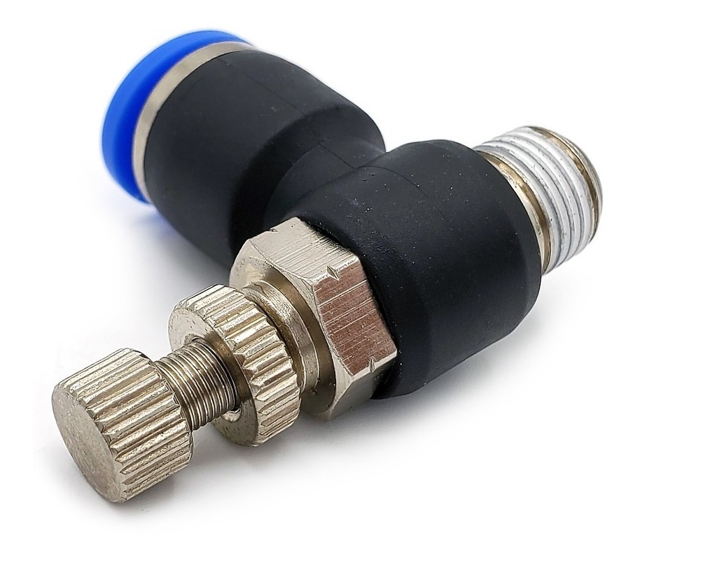 Conector / Regulador De Caudal Neumático Codo 1/8 Npt X 8mm