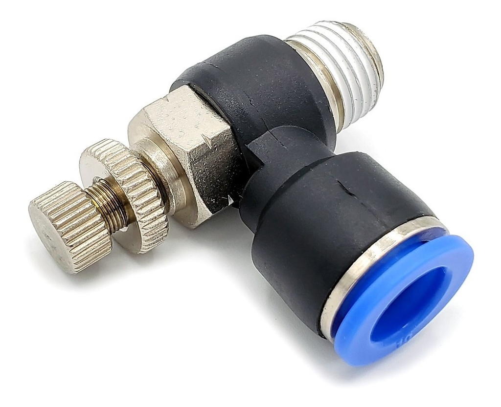 Conector /regulador De Caudal Neumático Codo 1/4 Npt X 10mm 