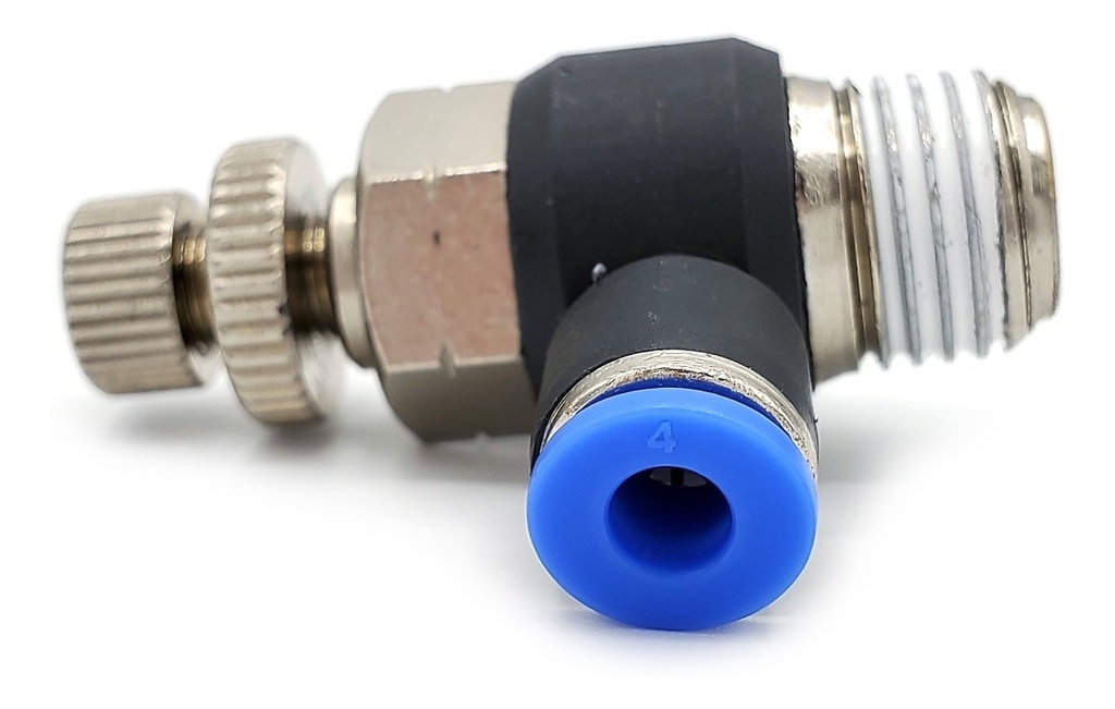 Conector /regulador De Caudal Neumático Codo 1/4 Npt X 4mm 
