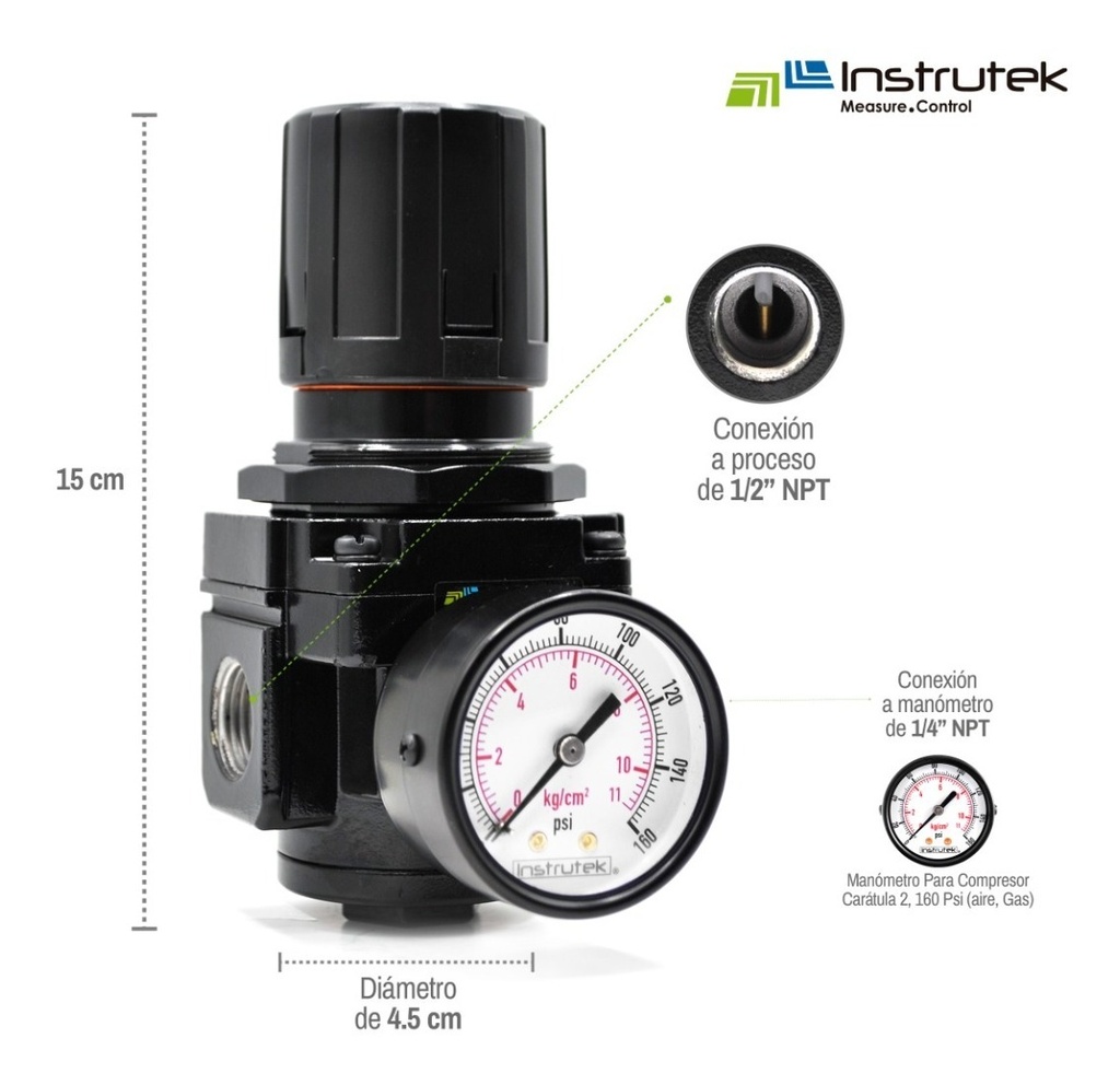 Regulador De Presión Neumático 1/2 120 Psi Con Manómetro