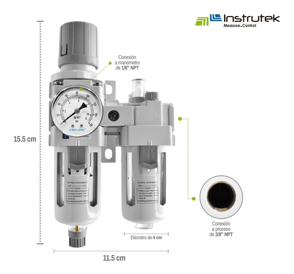 Filtro Regulador + Lubricador 3/8 Frl Compacto Con Manómetro