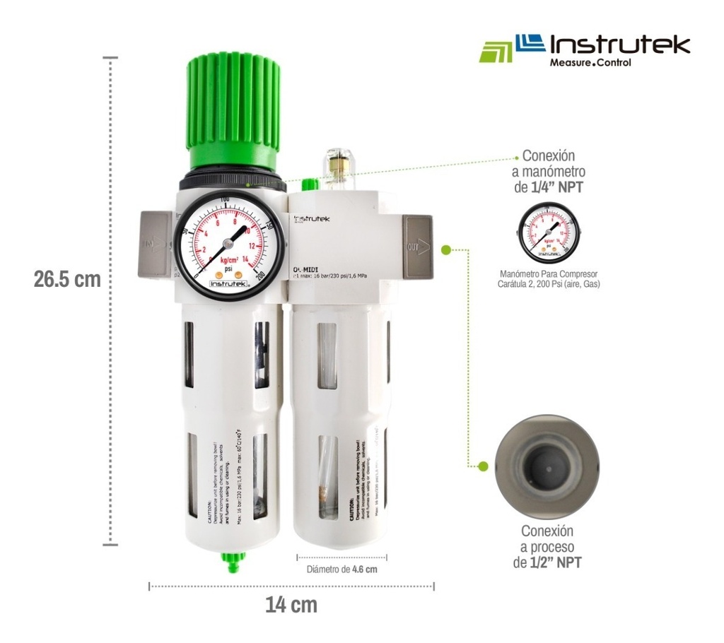 Filtro-regulador-lubricador 1/2 Alta Presión Con Manómetro