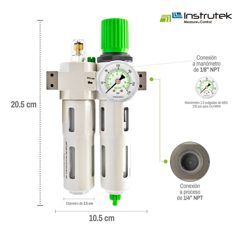 Filtro-regulador-lubricador 1/4 Alta Presión Con Manómetro