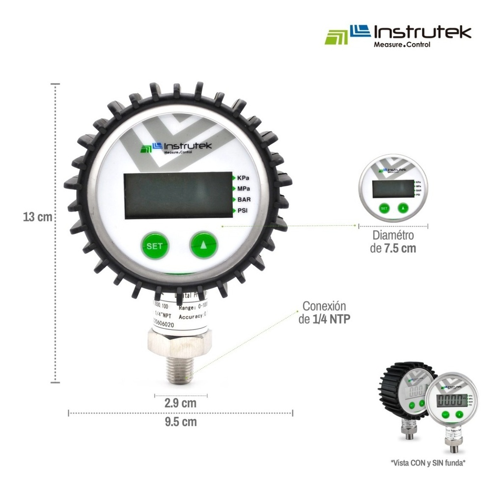 MANOMETRO DIGITAL CARATULA 3 0 A 7 bar 0 A 100 PSI PRESICION 0,25%FS 24VDC  TOTAL INOXIDABLE 1/4NPT