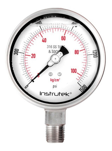 Manómetro 4", acero inoxidable, 1/2" NPT, inferior, 1500 psi-kg/cm2