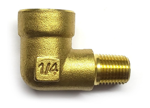 Conector en codo 90 hembra - macho, fabricado en latón (dorado) de 1/4" NPT x 1/8" NPT (M)