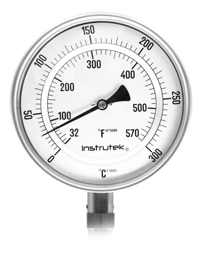 Termómetro 6 pulgadas, inferior, 1/2" NPT, vástago 9", rango 0 a 300 C-F