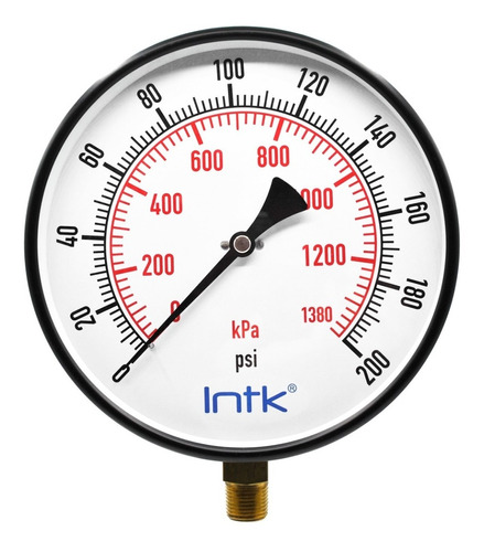 8" Standard, dry, pressure gauge, black steel case, 1/2" NPT, bottom connection, 0 to 200 psi-kPa