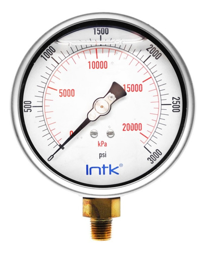 4” Liquid filled, pressure gauge, 1/4” NPT, bottom connection, 0 to 3000 psi-kPa