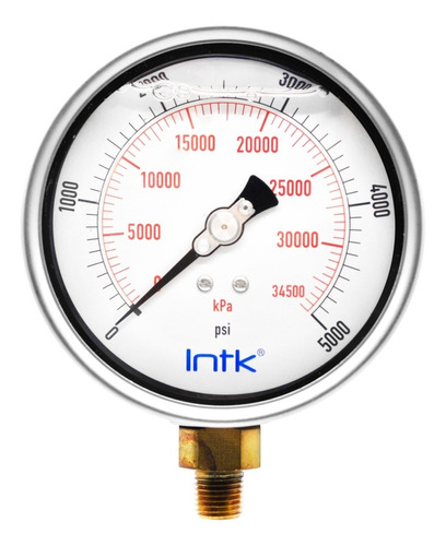 4” Liquid filled, pressure gauge, 1/4” NPT, bottom connection, 0 to 5000 psi-kPa