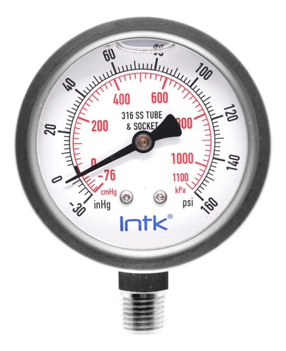 2.5” S.S. Liquid filled (O.E.M.), vacuum pressure gauge, 1/4” NPT, bottom connection, 30 Vac inHg-cmHg, 160 psi-kPa