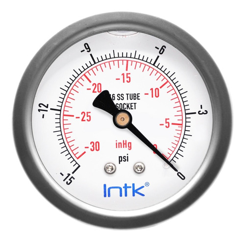 2.5” S.S. Liquid filled (O.E.M.), vacuum gauge, 1/4” NPT, back connection, 30 Vac inHg-cmHg