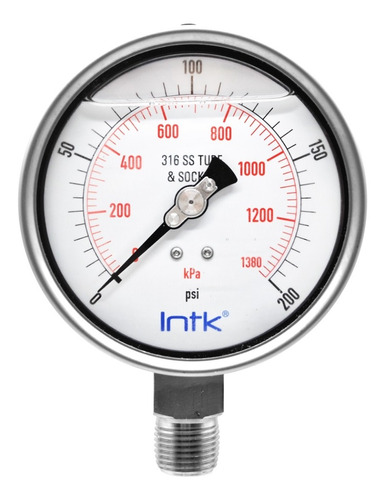 4” S.S. Liquid filled (O.E.M.), pressure gauge, 1/2” NPT, bottom connection, 0 to 200 psi-kPa