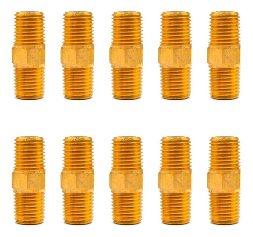 10 Pz De Niple hexagonal, fabricado en latón (dorado) de 1/4" NPT x 1/4" NPT
