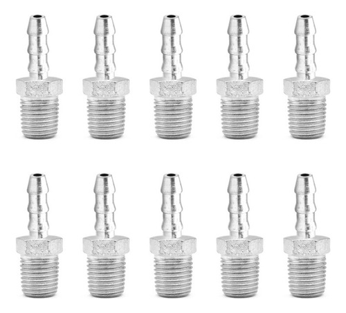 10 Pz De Espiga para mangueras con rosca macho de 1/4" NPT x 1/4", fabricado en latón y un recubrimiento en niquel.
