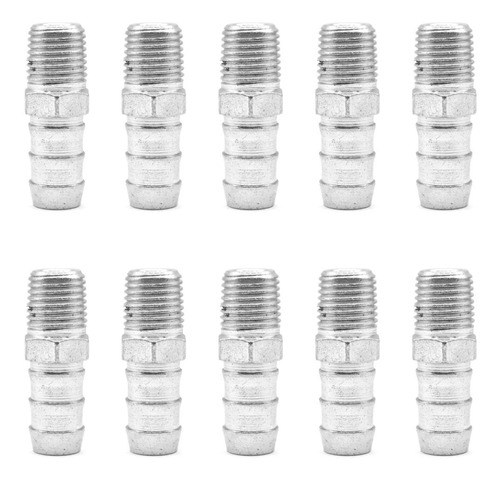 10 Pz De Espiga para mangueras con rosca macho de 1/4" NPT x 1/2", fabricado en latón y un recubrimiento en niquel.