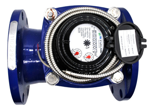 Medidor de agua tipo turbina, cuerpo de hierro fundido con registro hermético y transmisión magnética. Extremos en 4", bridas ANSI.