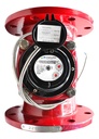 Medidor de agua caliente tipo turbina, cuerpo de hierro fundido con registro hermético y transmisión magnética. Extremos en 6", bridas ANSI.